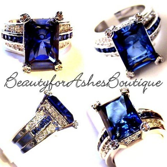 8.47ct. 925 Sterling Silver Cocktail Sapphire Dark Blue Tabernacle Cz Ring 10 - Picture 1 of 8
